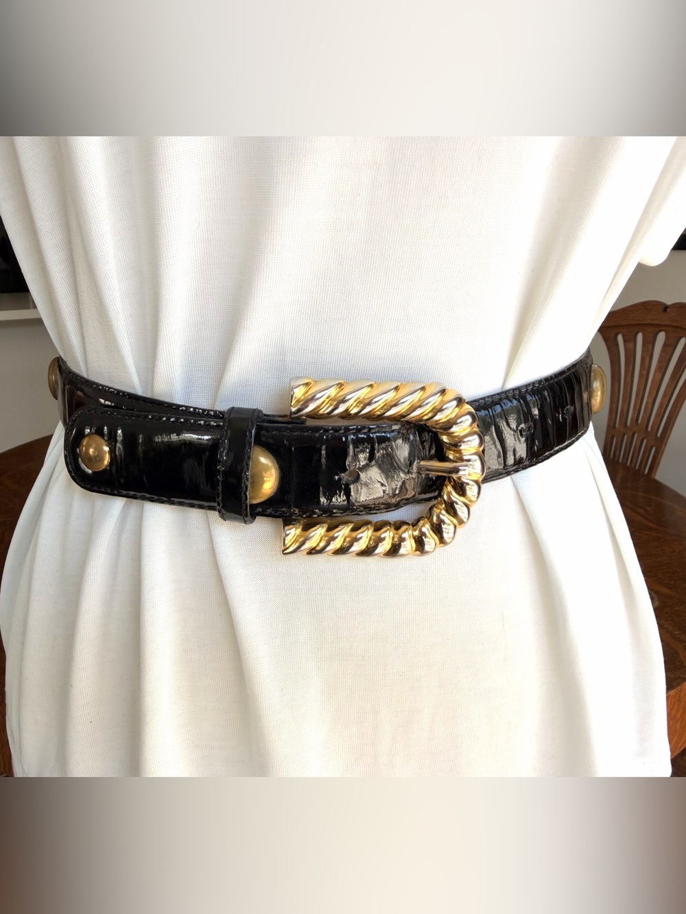 Vintage Black Patent Leather Studded Belt | Brass Hardware | Genuine Leather